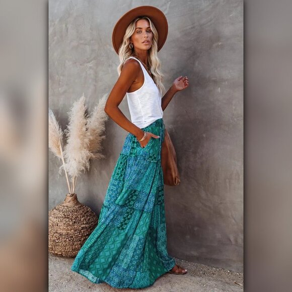 🆂🅰🅻🅴 A352 ☼ Teal Mix Boho Patchwork Maxi Skirt - Picture 2 of 6